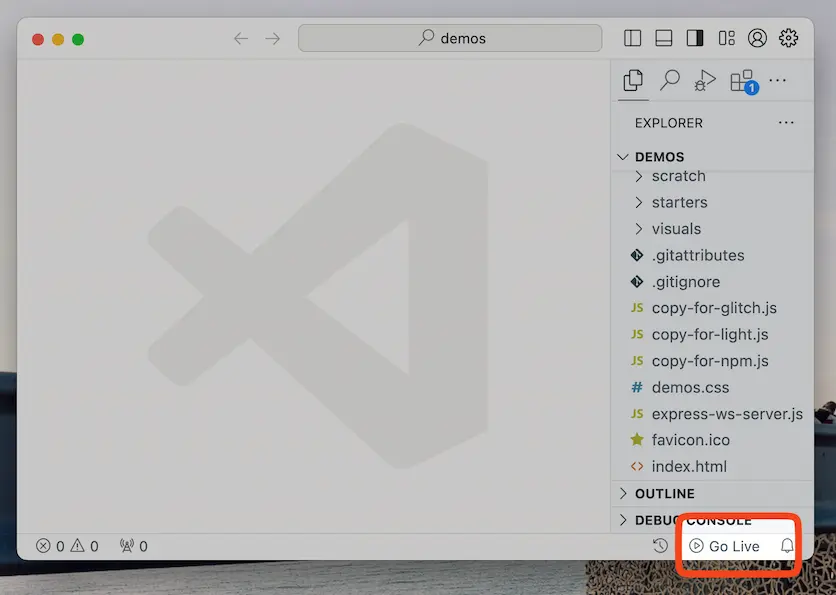 Go Live button on VS Code toolbar
